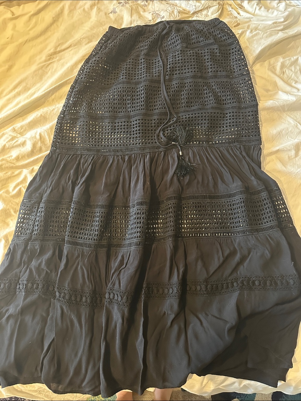 Black Maxi Skirt with Crochet Paneling